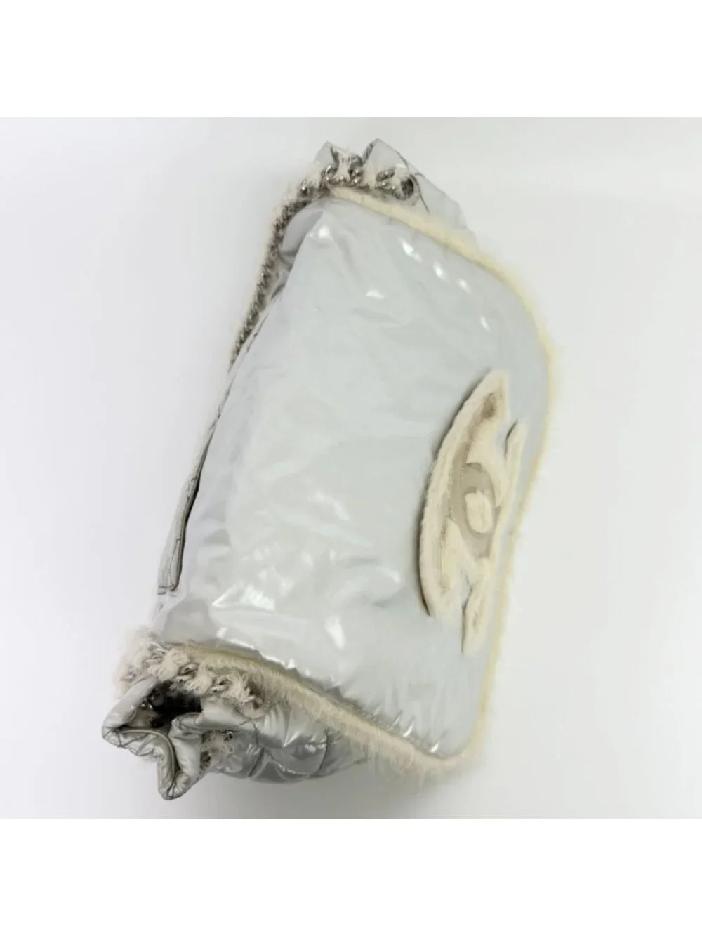 Chanel CC Logo Chain Tote Shoulder Bag Nylon Silver Ivory Seal Vintage